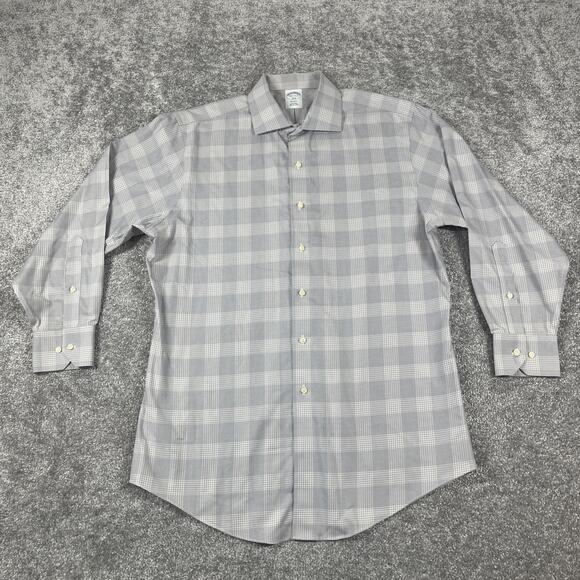 Brooks Brothers Dress Shirt 16.5 2/3 Plaid Non Iron Cotton Houndstooth Gray - Picture 2 of 12